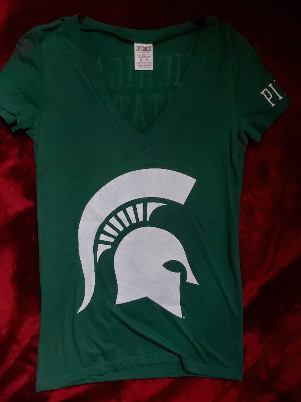 Victoria's Secret PINK & 5th & Ocean MI Spartans V-Neck T-shirt women's XS NWOT